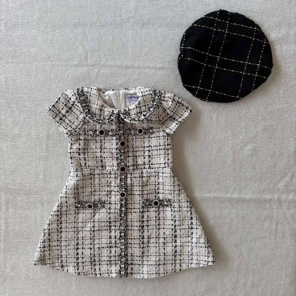 Blueberi Boulevard 2T Toddler Tweed Dress Black White Peter Pan Collar w/ Beret